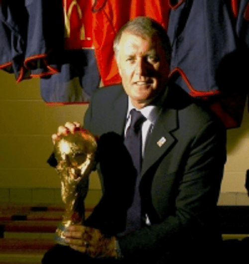 Sir Geoff Hurst holding the world cup